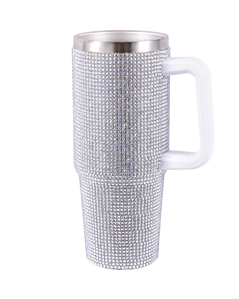 Taza térmica para coche de acero inoxidable con tapa de rosca de diamantes de imitación y asa en contraste