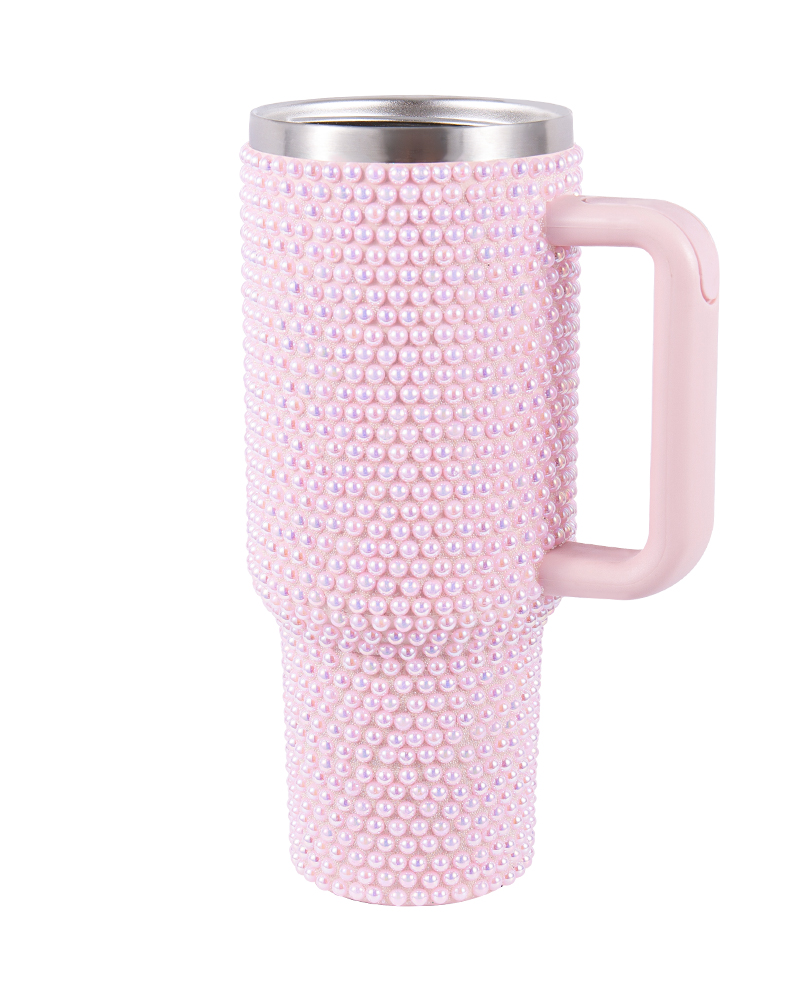 Taza de viaje para coche de acero inoxidable de gran capacidad adornada con perlas