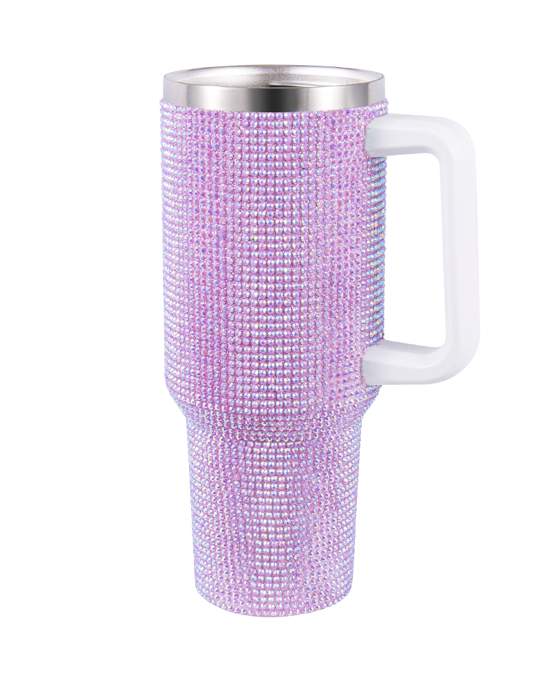 Taza térmica para coche de acero inoxidable con tapa de rosca de diamantes de imitación y asa en contraste