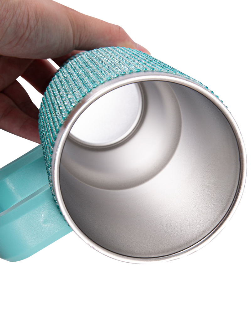 Taza de vacío para automóvil de acero inoxidable con incrustaciones de diamantes de imitación y asa que coincide con el color
