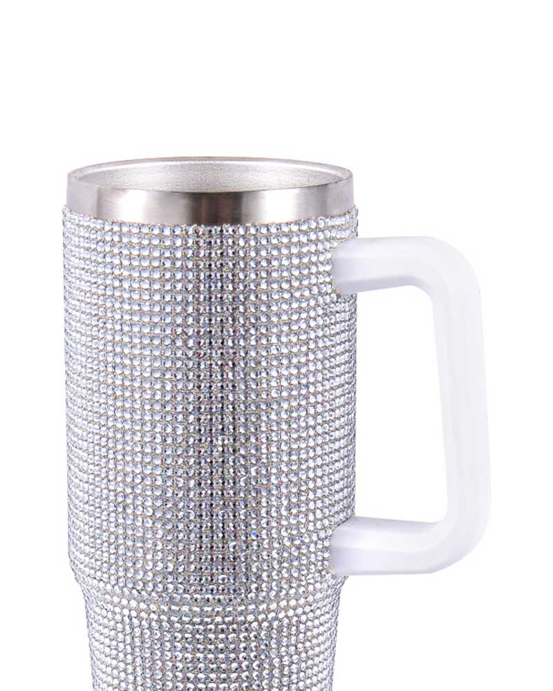 Taza térmica para coche de acero inoxidable con tapa de rosca de diamantes de imitación y asa en contraste Taza térmica para coche de acero inoxidable con tapa de rosca de diamantes de imitación y asa en contraste