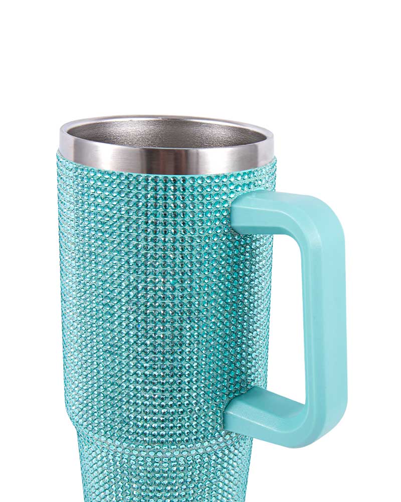 Taza de vacío para automóvil de acero inoxidable con incrustaciones de diamantes de imitación y asa que coincide con el color